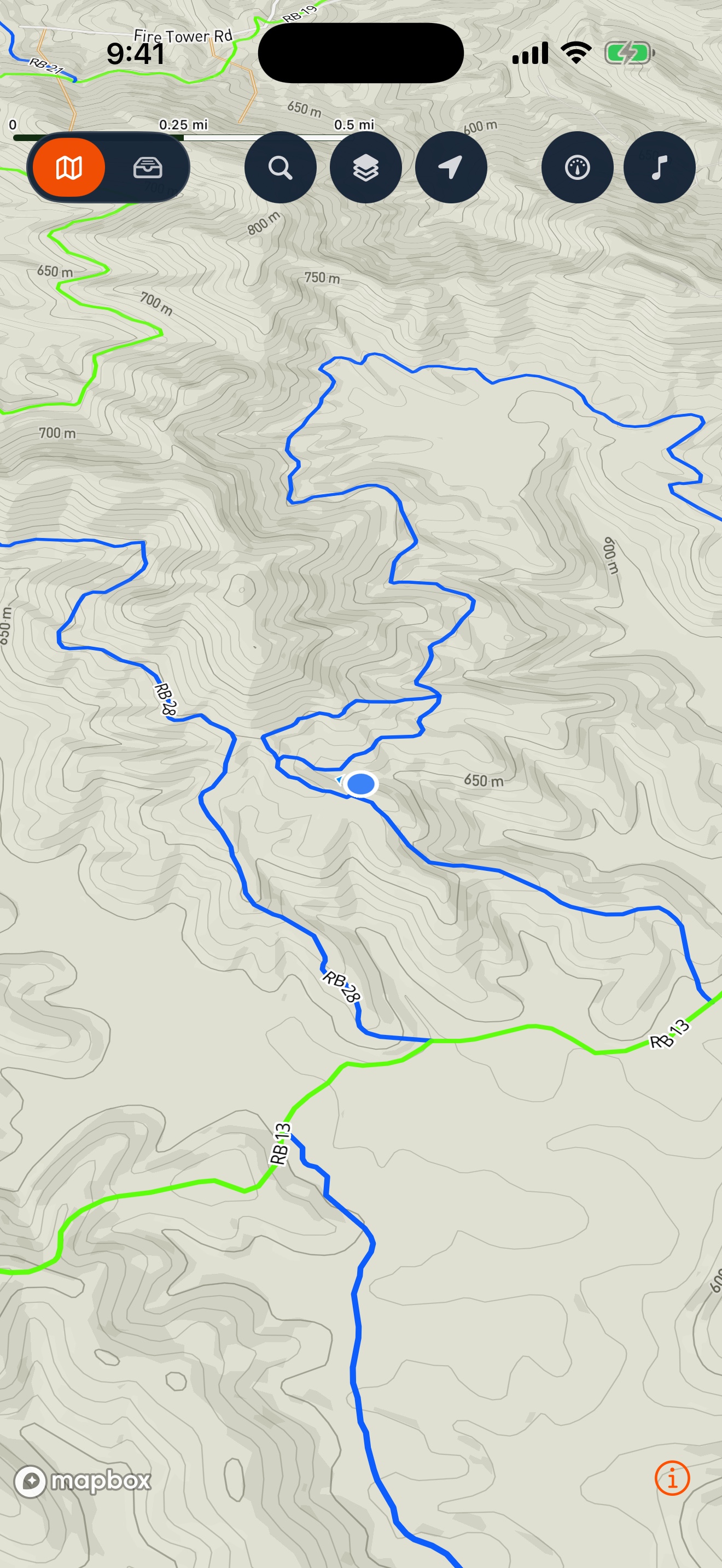 iPhone planning view: trail network map with the West Virginia public-lands pack.
